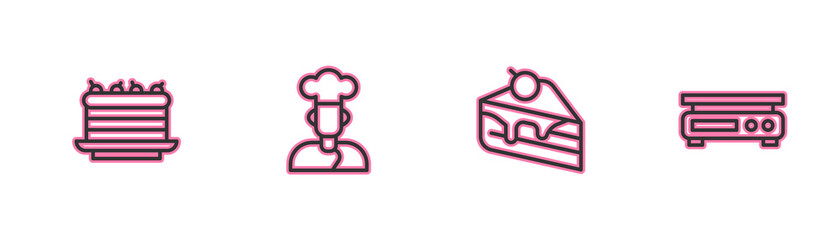 Set line Cake, Piece of cake, Cook and Electronic scales icon. Vector.