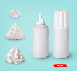 Set of whipped cream swirls and whipped cream cans on blue background. 3d realistic vector illustration of sweet dairy product. Mockup of whipped cream package.