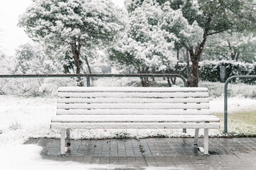 Wooden bench in snowy park in winter
