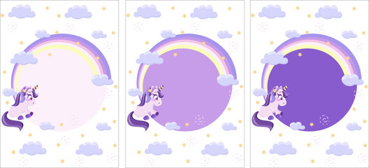 set of cards, rainbow, unicorns, baby, horse, pony, animal, cartoon, invitation, party, label, kids, mimi, children, clouds, stars, cute, fairy tale, fantasy, toy, sea animal, horn, myth, symbol, magi