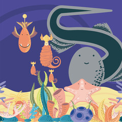 underwater world seahorse starfish sand coral reef