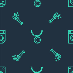 Set line Star and crescent on chain, Aspergillum and on seamless pattern. Vector.