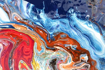 Poster Art Abstract flow acrylic and watercolor marble blot painting. Color wave horizontal texture background. © Liliia