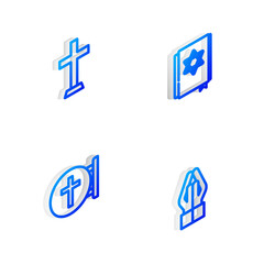 Set Isometric line Jewish torah book, Christian cross, and Hands in praying position icon. Vector.