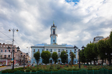 CHERNIVTSI, UKRAINE - JUNE 16, 2017: Chernivtsi city hall. Central square