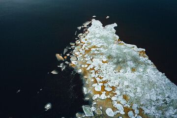 Beautiful view of frozen seawater and ice texture in winter, Ice floes in Baltic seawater.