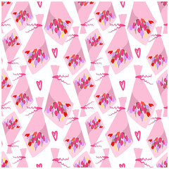  Seamless pattern bouquet of tulips wrapped in wrapping paper.tulip flowers bouquets isolated on white background. Flower arrangement.  Mother's day drawin.
