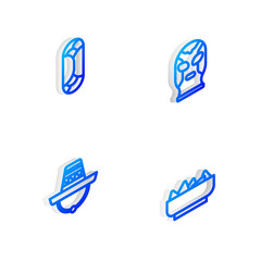 Set Isometric line Mexican wrestler, Burrito, sombrero and Nachos in bowl icon. Vector.
