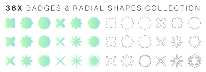 Geometric radial green spring shapes. Circular vector abstract elements pack in the shape of badges, flowers, snowflakes, mandalas, crosses or abstract symbols, icons or logos