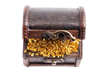 Pieces of Gold in a Treasure Chest on a White Background