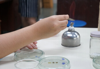 The hand was holding a tongs to kill germs with a fire on an alcohol lamp.