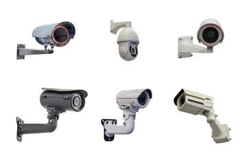 six modern video cameras for monitoring the situation on the object isolated on white background