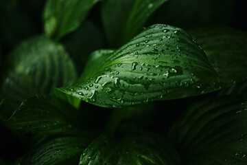 water drop on lush green foliage in a rainforest. spring nature background, dark toned
