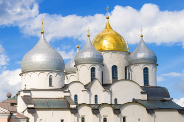 The domes of the ancient Sofia Cathedral on a sunny July day. Veliky Novgorod, Russia