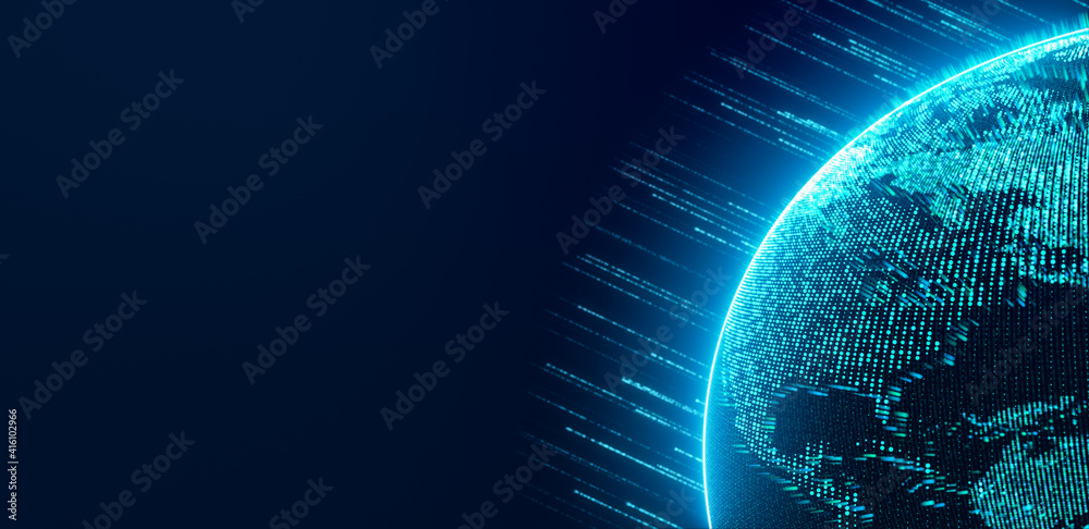 Wall mural digital earth globe cyberspace with data flowing neon light stripe, 3d futuristic global network com