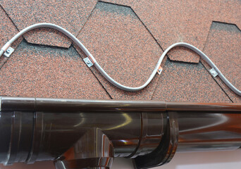 Roofing heating cable for ice and snow melting. A close-up on a roofing deicing system, ice-melting...