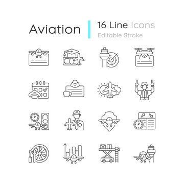 Aviation linear icons set. Civil aviation issues. Flight attendant license. Pilot training financing. Customizable thin line contour symbols. Isolated vector outline illustrations. Editable strokes
