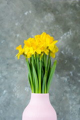 Spring flowers, yellow daffodils in a vase on a grey background. place for text. vertical photo. Easter concept. Copy space. 