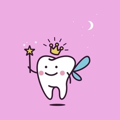 Cute tooth fairy wearing crown and holding a star magic wand vector illustration
