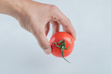 A man hand holding a whole fresh tomato