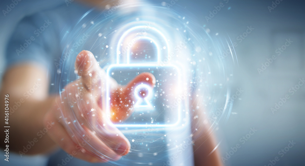Aufkleber Man using digital web protection blue holographic interface 3D rendering