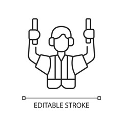 Ground handling chalk linear icon. Professional service in airport. Safety flight. Occupation. Thin line customizable illustration. Contour symbol. Vector isolated outline drawing. Editable stroke