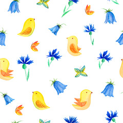 seamless spring and easter patterns for textile decoration, easter and items, print. watercolor ornaments of flowers, butterflies and birds. Cute patterns for baby textiles and wallpapers