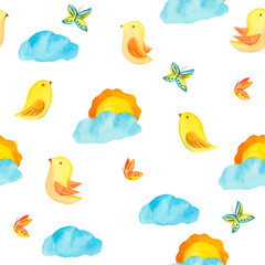 seamless spring and easter patterns for textile decoration, easter and items, print. watercolor ornaments of flowers, butterflies and birds. Cute patterns for baby textiles and wallpapers