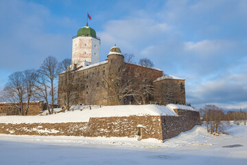 Ancient Vyborg castle on a sunny February day. Vyborg, Russia
