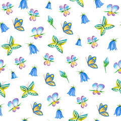 seamless spring and easter patterns for textile decoration, easter and items, print. watercolor ornaments of flowers, butterflies and birds. Cute patterns for baby textiles and wallpapers