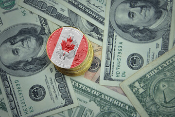 golden shining bitcoins with flag of canada on a dollar money background.