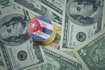 golden shining bitcoins with flag of cuba on a dollar money background.