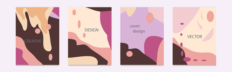 Set of bright abstract vector backgrounds in trendy minimalist style in purple and beige tones