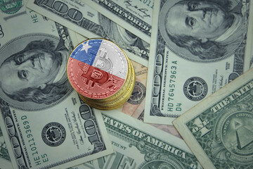 golden shining bitcoins with flag of chile on a dollar money background.