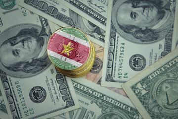 golden shining bitcoins with flag of suriname on a dollar money background.