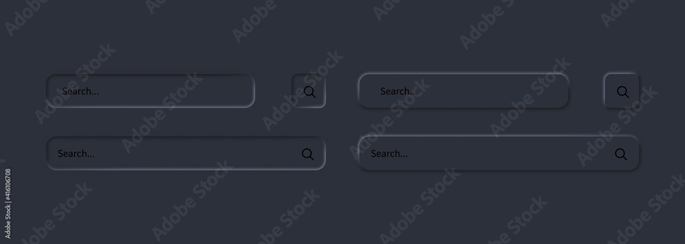 Poster serch bar icon set. browser window. user interface elements for mobile app. dark theme. neumorphism 