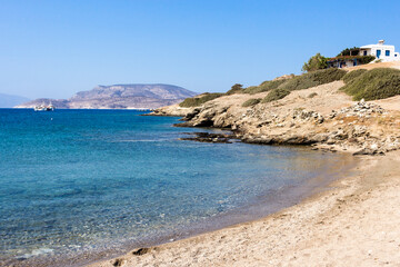 Fototapeta na wymiar Schinoussa island, Livadi coast view - beautiful sandy beach. Lesser Cyclades, Greece 