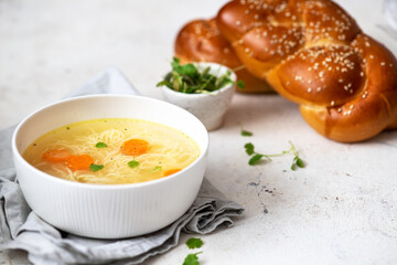 Homemade chicken soup with noodles and vegetable