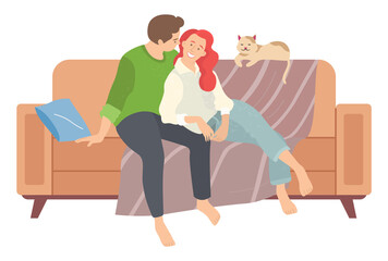 People in relationship sitting on sofa with their cat. Man and woman together relaxing on comfortable couch in the evening. Couple in love isolated on white background. Kitten owners cuddle at home