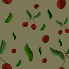 seamless pattern with gouache cherries, leaves, and branches on gray background. Summer, print, packaging, wallpaper, textile, stationery design