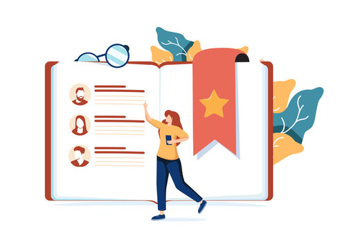 Woman reading phone book or notebook. Concept of contact information of business partners, digital communication.