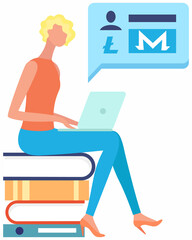Young woman with laptop sitting on stack of books, makes online purchases, earns money mining cryptocurrency. Businesswoman freelancer working with her computer studies innovative finance projects