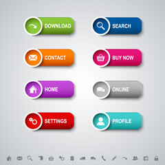 Collection of colored web design buttons with symbols