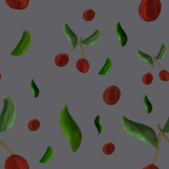 seamless pattern with gouache cherries, leaves, and branches on gray background. Summer, print, packaging, wallpaper, textile, stationery design