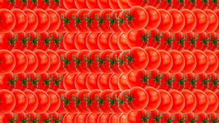 Rows of red ripe tomatoes.Repeating attractive background.Creative design for Italian cooking,seasonal dish ingredient.Horizontal banner,copy space.Glass wall panel kitchen design,splashback pattern
