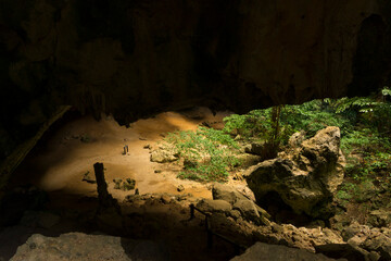 The light shining through trees from top to bottom inside the cave of Phraya Nakhon Cave at Prachuap Khiri Khan, Thailand.