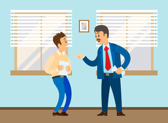 Angry boss shouting to on employee. Conflict in office between boss and worker due to a mistake. Hard day, chief in a suit is holding a crumpled document scolding at stressed unhappy subordinate