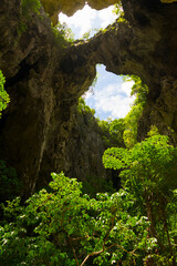 The light shining through trees from top to bottom inside the cave of Phraya Nakhon Cave at Prachuap Khiri Khan, Thailand.