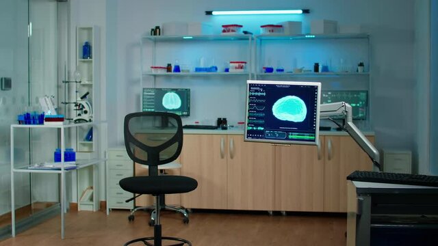 Empty laboratory modernly equipped with nobody in it, prepared for neurological innovation using high tech and microbiology tools for scientific research. Medical clinic for examining brain functions