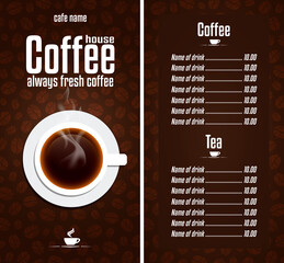 Cafe design menu. Coffee House menu with a cup. Always fresh coffee. Vector illustration